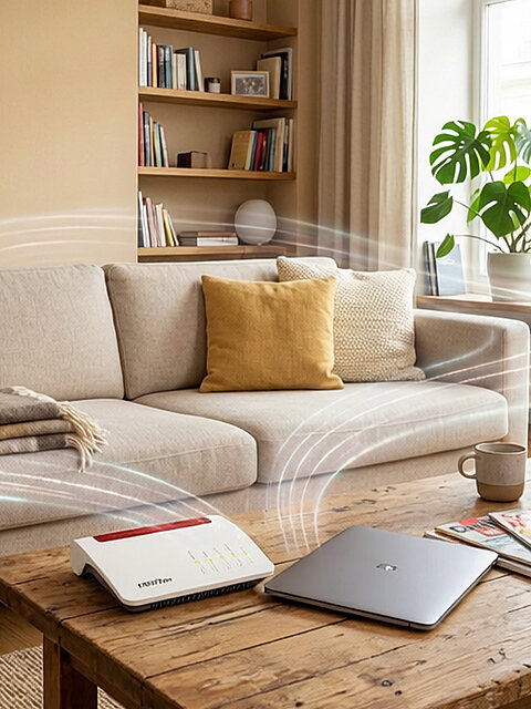 Wohnzimmer mit Sofa, Pflanzen und einem WLAN-Router auf dem Tisch