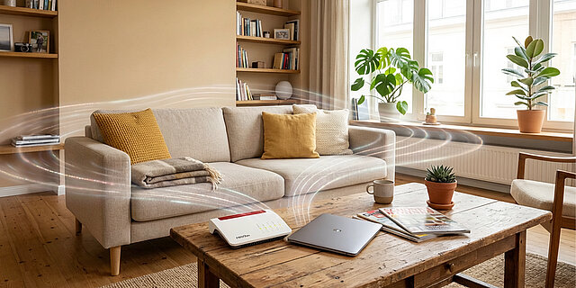 Wohnzimmer mit Sofa, Pflanzen und einem WLAN-Router auf dem Tisch