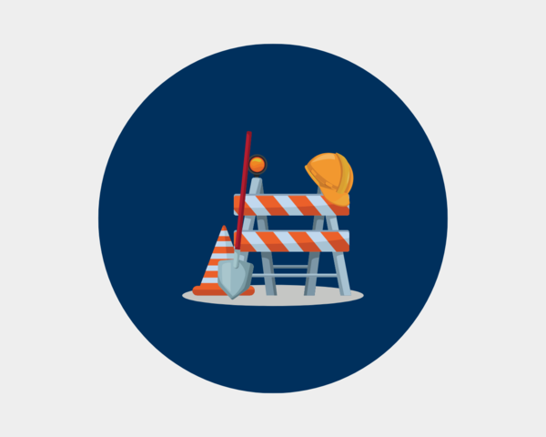 Illustration mit Warnbake, Baustellenlampe, Helm und Schaufel – Symbol für Wartungsarbeiten