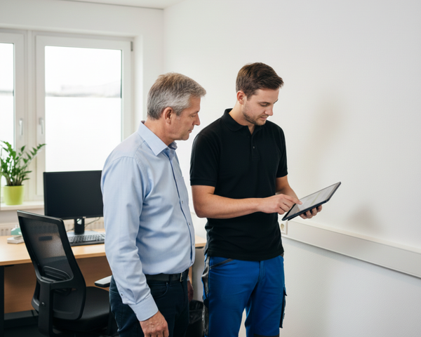 Techniker bespricht Glasfaser-Hausanschluss mit Geschäftskunden vor Ort
