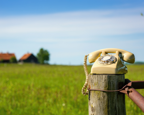 Beiges Wählscheibentelefon auf Holzzaun vor grüner Wiese mit Bauernhaus im Hintergrund
