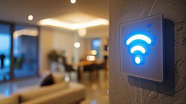 Verschwommenes Büro im Hintergrund, im Vordergrund ein WIFI Symbol