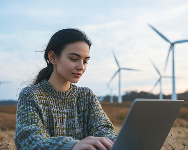 Frau mit Laptop vor Windrädern – nachhaltige Internetnutzung dank Glasfaser