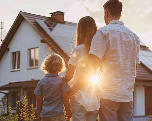 Junge Familie vor modernem Eigenheim bei Sonnenuntergang – Symbolbild für Glasfaser und Immobilienwert