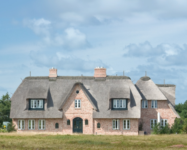 Backstein-Friesenhaus mit Reetdach in Nordfriesland, davor Wiese und Sträucher, unter blauem Himmel