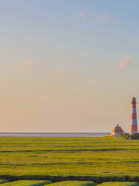 ChatGPT: Ein rot-weißer Leuchtturm steht inmitten einer grünen Marschlandschaft am Meer.