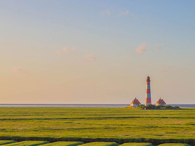 ChatGPT: Ein rot-weißer Leuchtturm steht inmitten einer grünen Marschlandschaft am Meer.