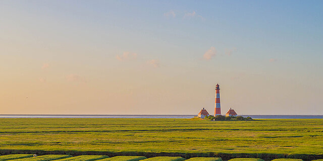 ChatGPT: Ein rot-weißer Leuchtturm steht inmitten einer grünen Marschlandschaft am Meer.