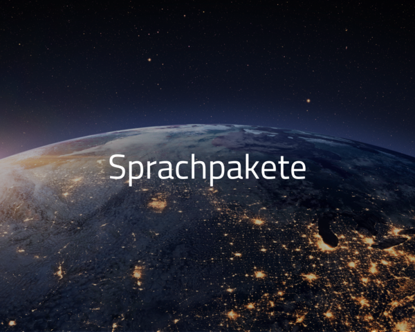 Die Erde aus dem All betrachtet im Hintergrund mit dem Schriftzug "Sprachpakete"